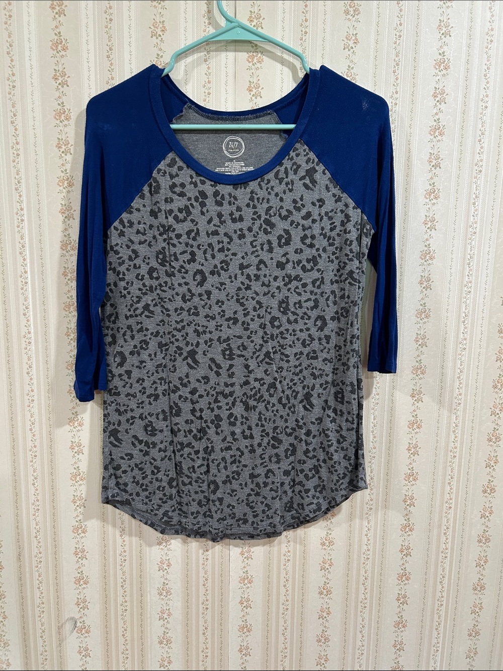 Maurices Gray Leopard Print Raglan Top with Blue Sleeves